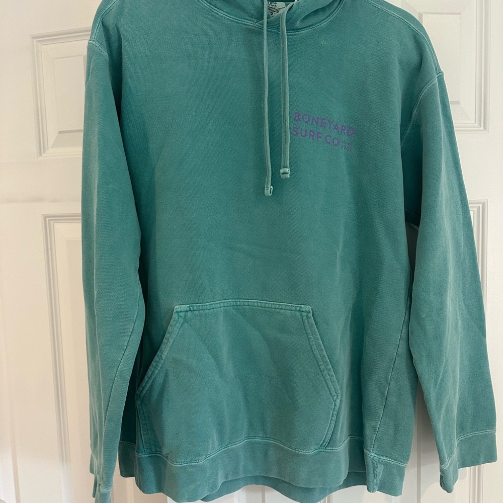 Comfort Colors Boneyard Surf Co Hoodie Size M Teal